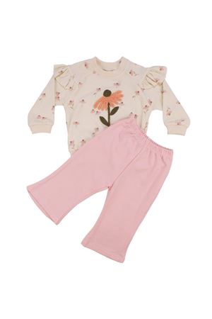 Kız Bebek Ekru Pembe Papatya Nakışlı Kolları Fırfırlı İkili Takım