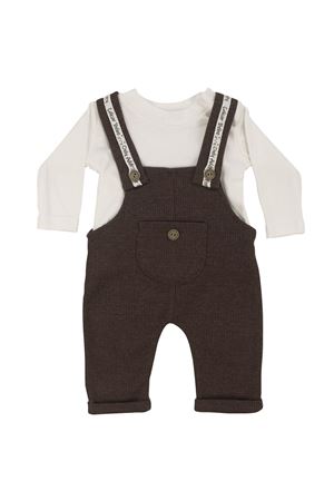 Erkek Bebek Beyaz Kahve Waffle Salopetli İkili Takım