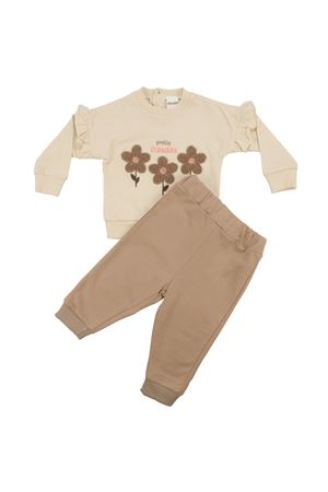 Kız Bebek Ekru Kahve Çiçek Nakışlı İkili Takım