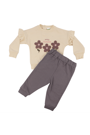 Kız Bebek Ekru Mor Çiçek Nakışlı İkili Takım