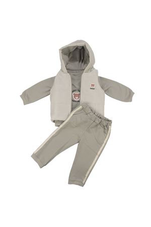 Erkek Bebek Gri Şişme Yelekli Ayı Nakışlı Üçlü Takım