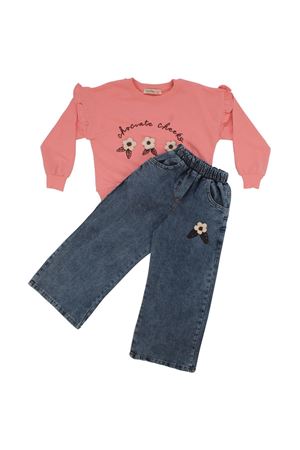 Kız Çocuk Pembe Mavi Çiçek Nakışlı Kot Pantolonlu İkili Takım
