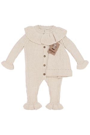 Kız Bebek Ekru Fitilli Yakalı Bereli Lüks Triko Tulum