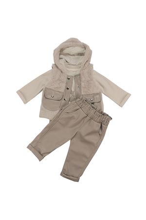 Kız Bebek Ekru Bej Peluş Yelekli Deri Pantalonlu Üçlü Lüks Takım