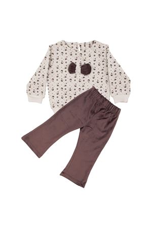 Kız Bebek Ekru Kahve Kadife Pantolonlu Kelebek Desenli İkili Takım