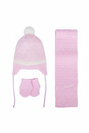 Kız Bebek Pembe Beyaz Karışık Çizgi Desenli Triko Atkı Bere Set