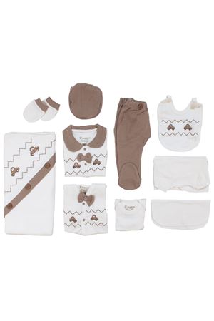 Erkek Bebek Ekru Kahve Araba Nakışlı Yakalı Papyonlu On Parça Hastane Çıkış Seti