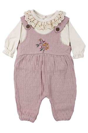 Kız Bebek Ekru Fisto Yakalı Pudra Triko Salopet Tulum Takım