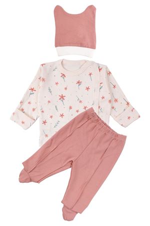 Kız Bebek Ekru Pembe Çiçek Desenli Çıtçıtlı Bereli 3'lü Takım