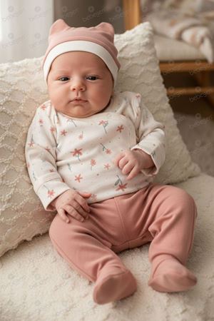 Kız Bebek Ekru Pembe Çiçek Desenli Çıtçıtlı Bereli 3'lü Takım