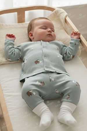 Unisex Yeşil Kuzulu Desenli Çıtçıtlı Pijama Takımı