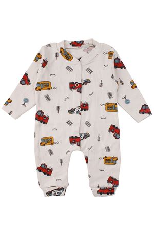 Erkek Bebek Bej Otobüs Desenli Manşetli Çıtçıtlı Tulum