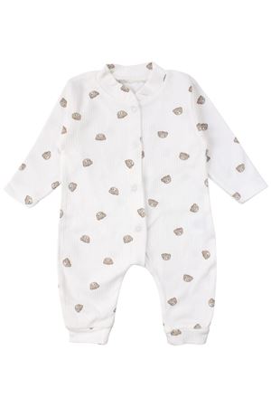 Unisex Ekru Kahve Ayılı Desenli Fitilli Manşetli Tulum