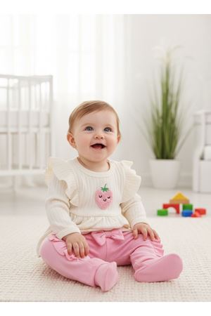 Kız Bebek Ekru Pembe Çilek Nakışlı Omuzları Fırfırlı İkili Takım 0-3 Ay