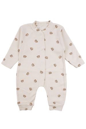 Unisex Ekru Bej Ayılı Desenli Fitilli Manşetli Tulum