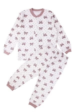 Kız Çocuk Ekru Gül Kurusu Fiyonk Baskılı Çıtçıtlı Pijama