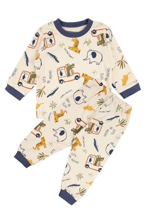 Erkek Bebek Bej Laci Biyeli Hayvanlı Desenli Pijama Takımı