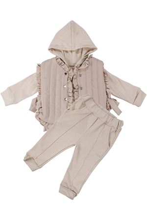 Kız Bebek Bej Kapitoneli Fırfırlı Yelekli Kapşonlu Badili Üçlü Lüks Takım