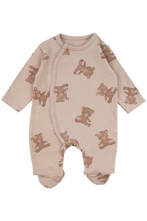 Erkek Bebek Bej Kahve Ayı Desenli Patikli Tulum