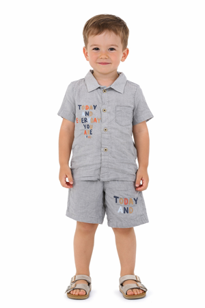 Erkek Çocuk Gri Today Baskılı Düğmeli Müslin Şortlu İkili Takım