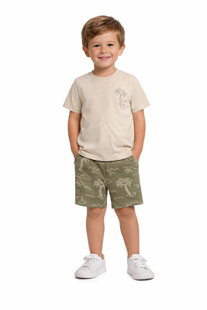 Erkek Çocuk Bej Palmiye Baskılı Haki Şortlu 2'li Takım