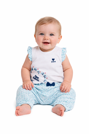 Kız Bebek Beyaz Su Yeşili Kalp Baskılı Yaprak Desenli 2' li Takım