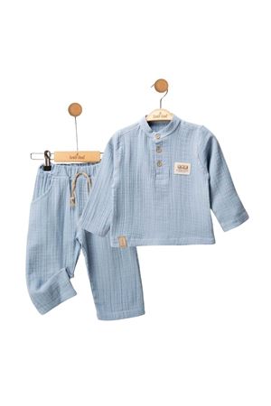 Erkek Bebek Mavi Hakim Yaka Düğmeli Müslin 2'li Takım