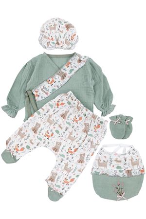 Kız Bebek Yeşil Beyaz Hayvanlı Desenli Müslin 5 Parça Hastane Çıkış Seti