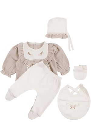 Kız Bebek Ekru Bej Müslin Fırfırlı Fistolu Çiçek Nakışlı 5 Parça Hastane Çıkış Seti