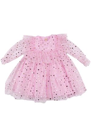 Kız Çocuk Pembe Gold Yıldız Desenli Tüllü Elbise