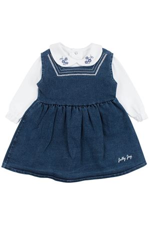 Kız Bebek Beyaz Lacivert Yakası Çiçek Nakışlı Badili Elbise Takım