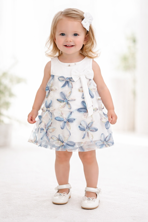 Kız Çocuk Ekru Mavi Tüllü Pullu Çiçek Desenli Fiyonkllu Elbise