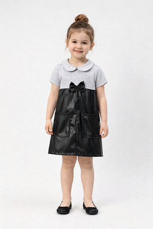 Kız Çocuk Gri Siyah Deri Fiyonklu Elbise