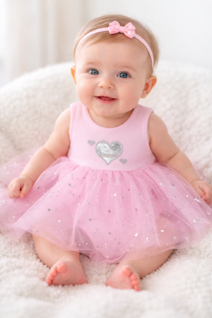 Kız Bebek Pembe Tüllü Kalpli Zıbınlı Elbise