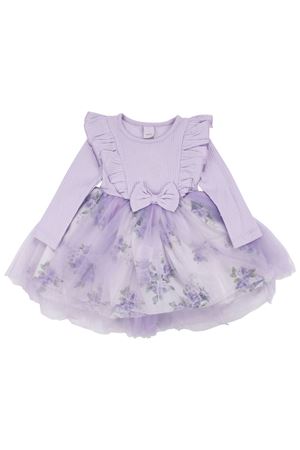 Kız Çocuk Lila Çiçek Desenli Tüllü Fitilli Fiyonklu Elbise