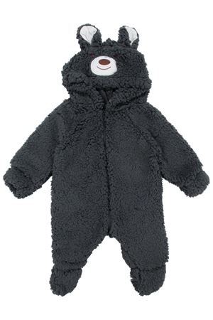 Unisex Füme Ayı Nakışlı Kapşonlu Peluş Tulum