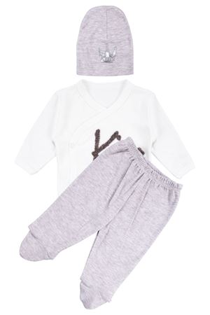 Erkek Bebek Ekru Kahve King Nakışlı Şapkalı 3'lü Takım