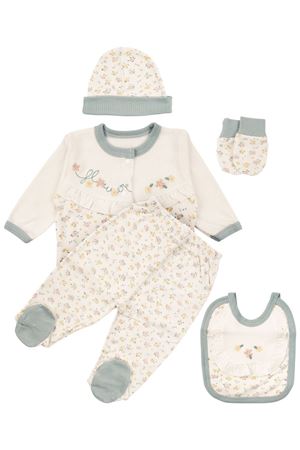 Kız Bebek Ekru Yeşil Çiçek Nakışlı Fırfırlı 5 Parça Hastane Çıkış Seti