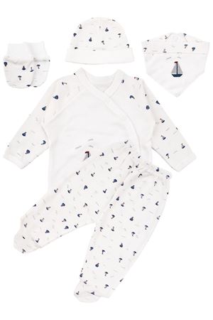Erkek Bebek Ekru Laci Kayık Nakışlı 5 Parça Organik Hastane Çıkış Seti