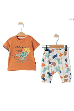 Erkek Bebek Turuncu Beyaz Ahtapotlu Desenli 2'li Takım