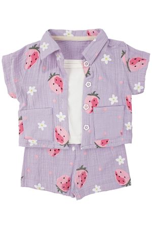 Kız Bebek Lila Pembe Çilek Desenli Müslin Şortlu 3'lü Takım