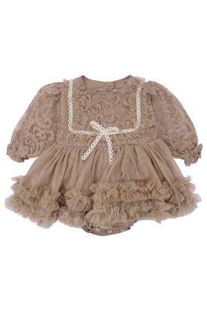 Kız Bebek Kahve Dantelli Tüllü Zıbınlı Elbise