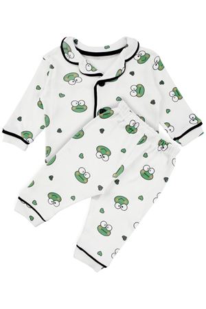 Unisex Ekru Yeşil Kurbağa Desenli Kruvaze Yaka Pijama Takımı