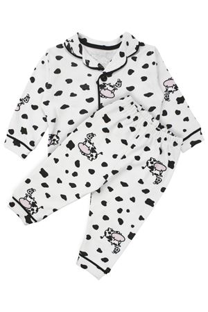 Unisex Ekru Siyah İnek Desenli Kruvaze Yaka Pijama Takımı