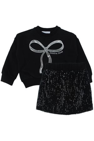 Kız Çocuk Siyah Parlak Fiyonk Desenli Payet Etekli 2'li Takım