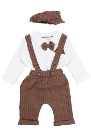 Erkek Bebek Ekru Kahve Papyonlu Şapkalı Fitilli Salopet Takım