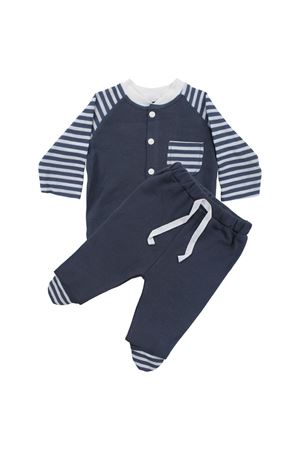Unisex Lacivert Ekru Çizgili Cepli 2'li Takım