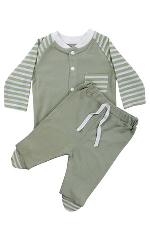 Unisex Yeşil Ekru Çizgili Cepli 2'li Takım