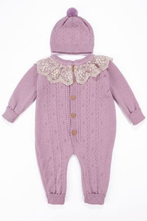 Kız Bebek Pembe Fistolu Yakalı Bereli Triko Lüks Tulum