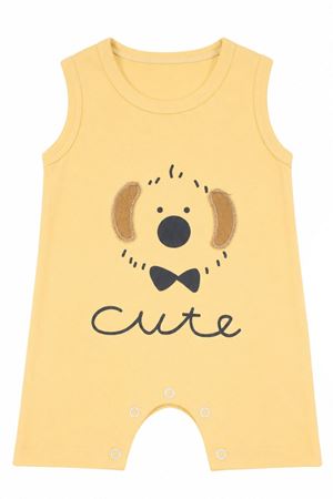 Erkek Bebek Sarı Cute Köpek Baskılı Kısa Tulum